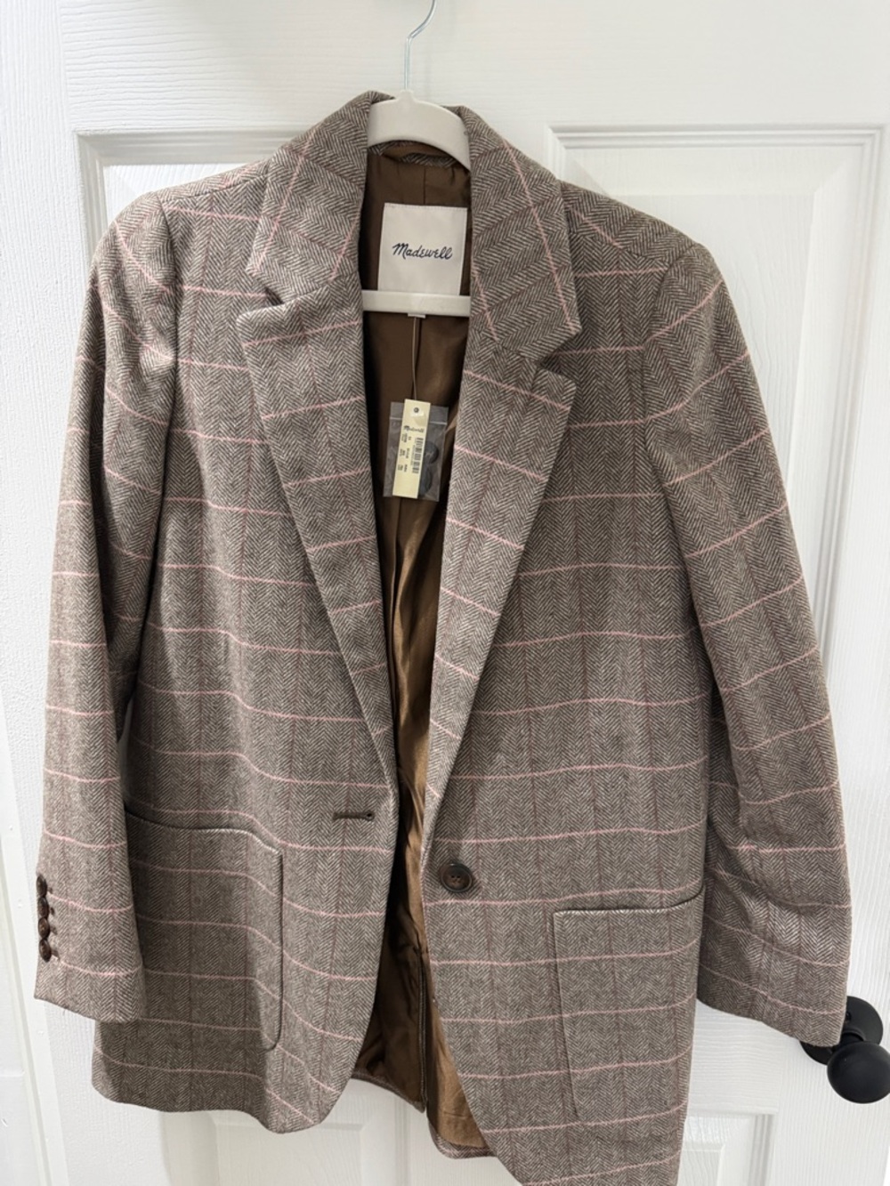 NWT - Madewell Taupe Oversized Blazer with Pink Windowpane Check